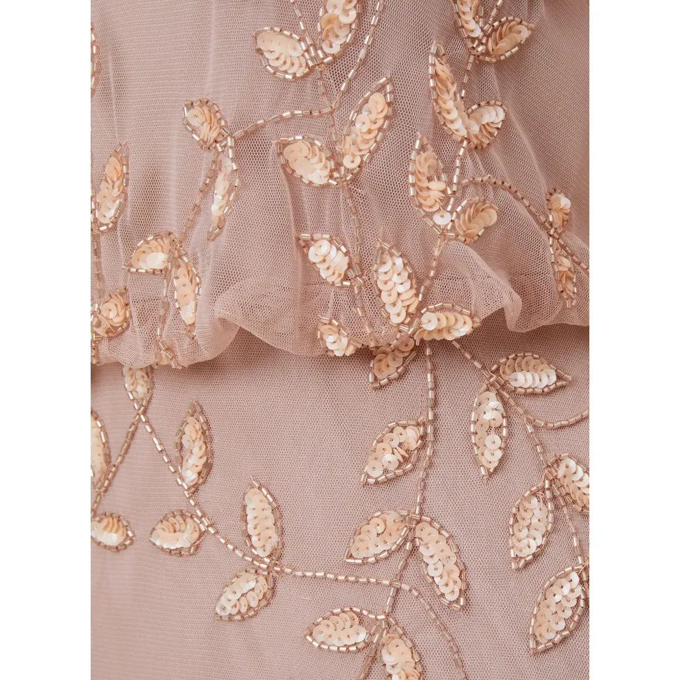 Adrianna Papell Beaded Mesh Blouson Gown Steel Rose Leaf Size 12 NWT - Image 9