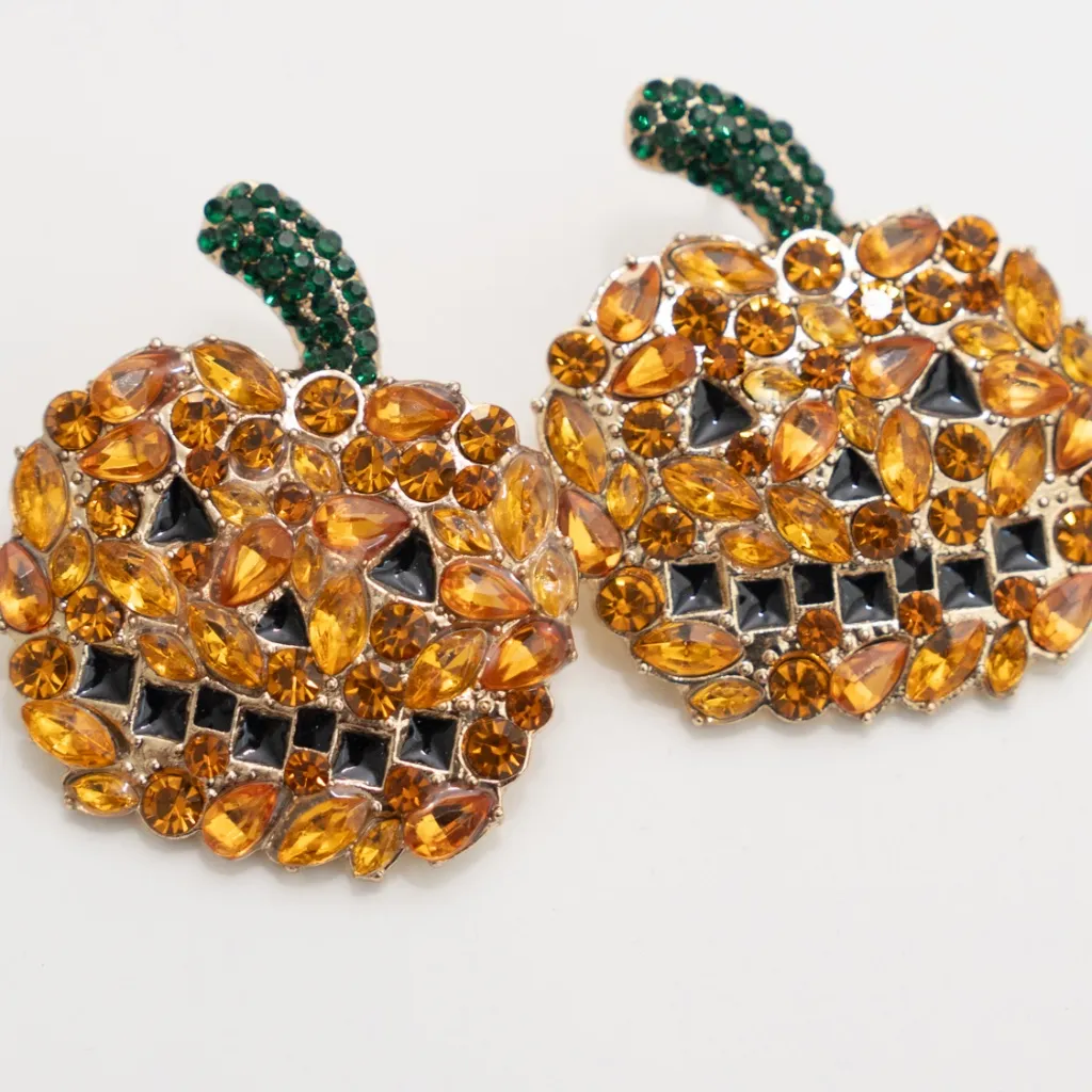 Halloween Jack O Lantern Rhinestone Earrings. New! Orange - Image 3
