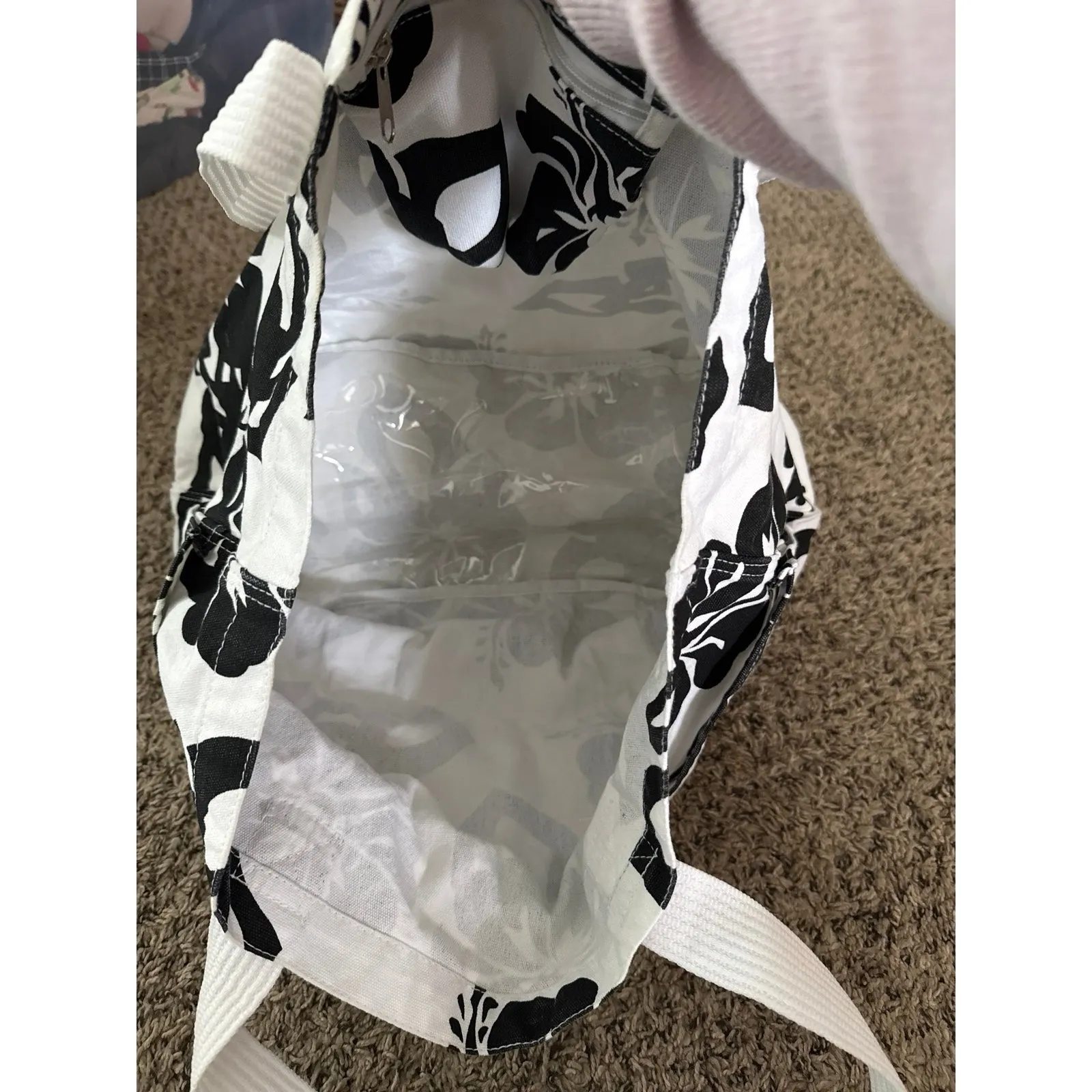 Floral Canvas Tote Bag: Black & White Cotton Beach Shopper - Image 6