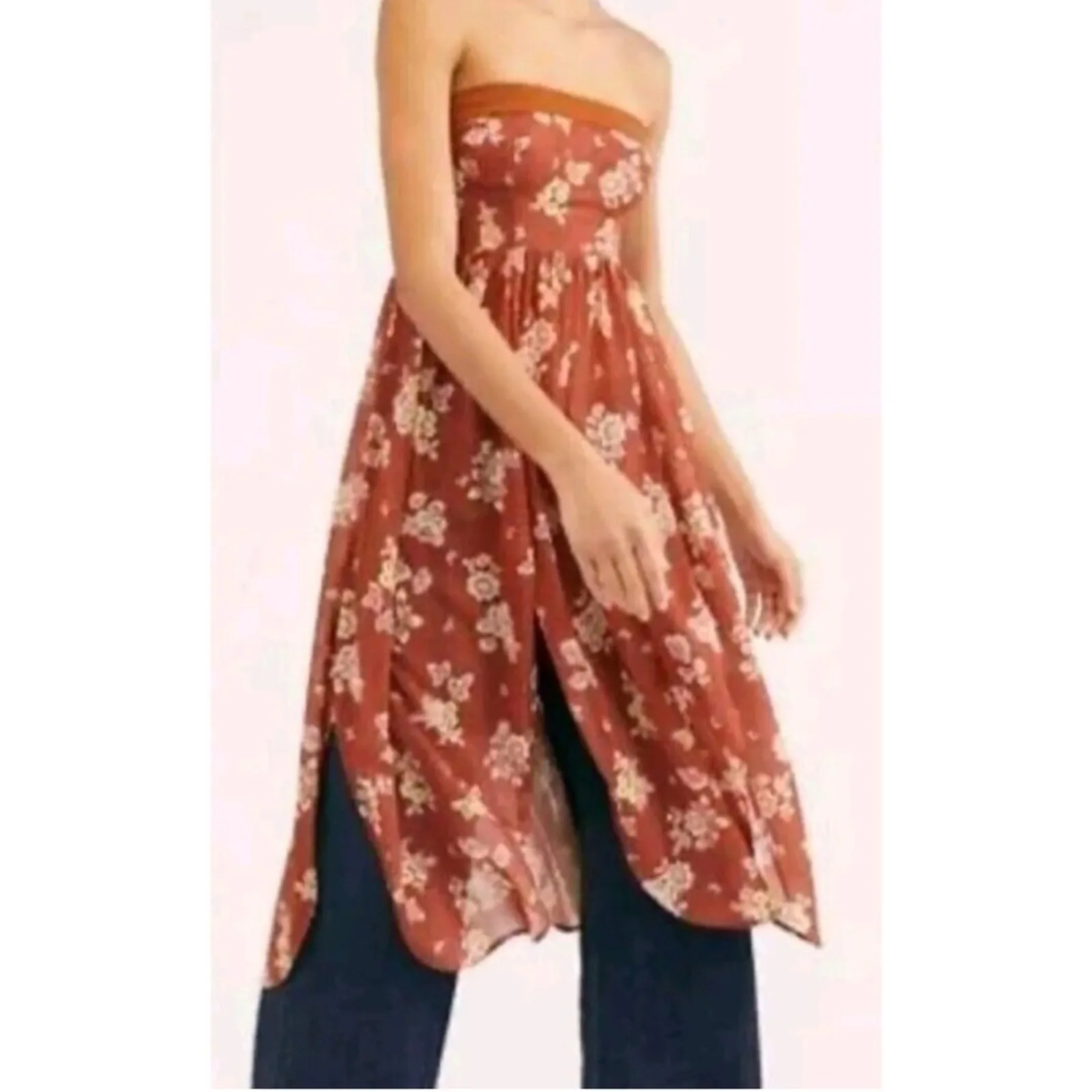 Free People Strapless Kitty Tube Tunic Dress Floral Split Hem Size L - Image 16