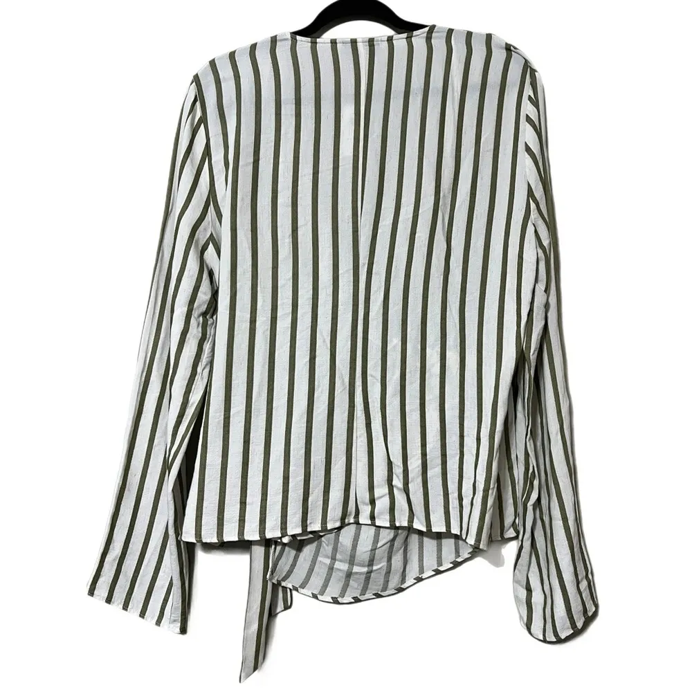 TOPSHOP women’s 10 olive green striped v-veck wrap top long sleeve ties on side - Image 3