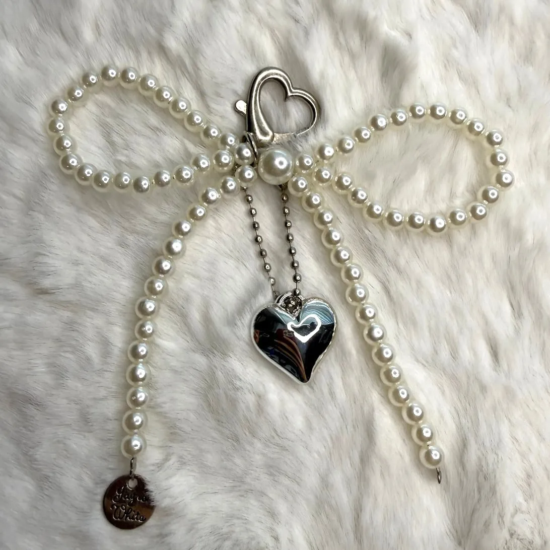 White Bowknot Heart Sweet Charm Pearl Bow Bag Charm Fashion Charm - Image 2