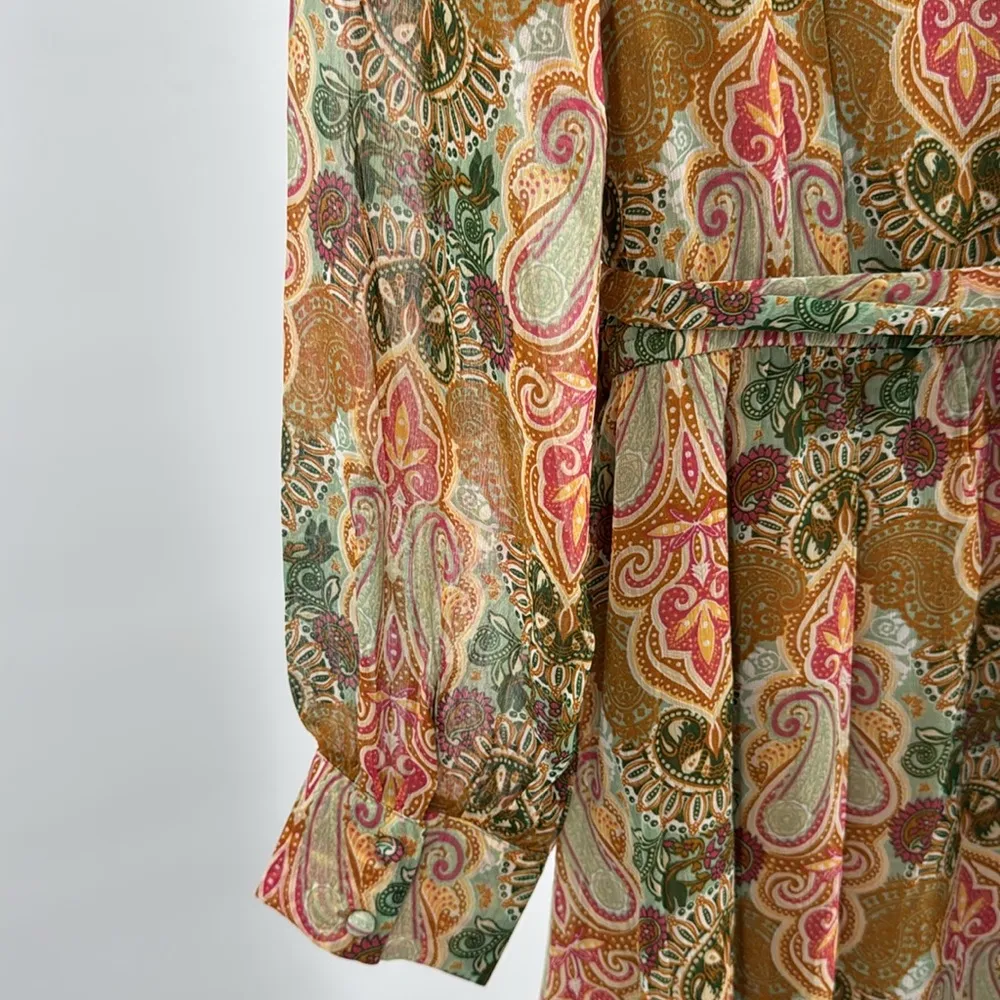 Justin Boots Pink tan maxi wrap Sheath Dress Bishop Sleeves paisley M ruffle - Image 6