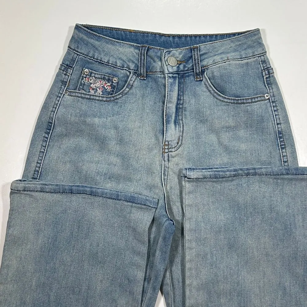Wide Leg High Rise Light Wash Denim‎ Jeans Floral Embroidered Detail Womens 26 Blue - Image 3