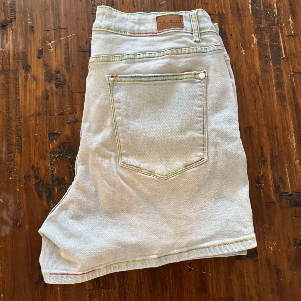 Judy Blue Light Wash Denim Shorts | Size 1XL | Rainbow Stitching Plus Si… - Image 2