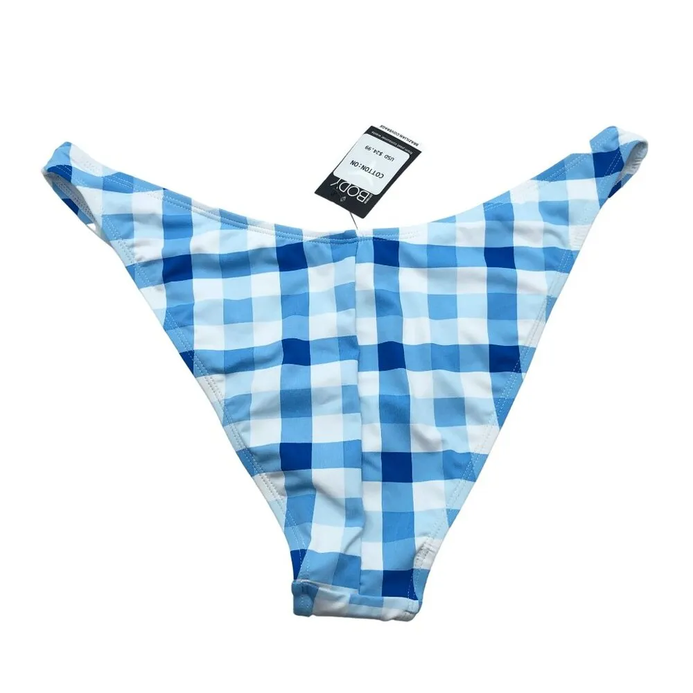 Cotton On Body High Side Brazilian Seam Bikini Bottom Gingham Plaid Blue White L - Image 2