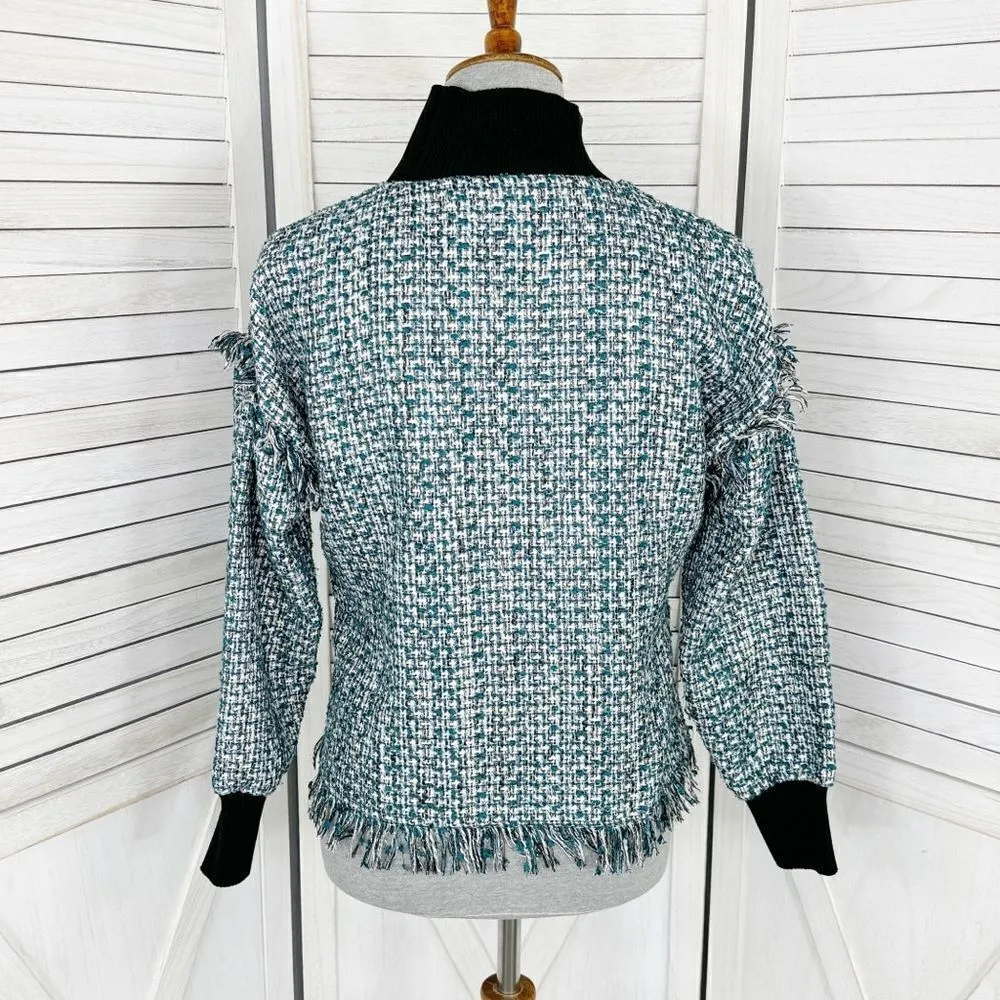 Zara Tweed Fringe Hem Mock Neck Shirt Teal White Large Crop - Image 4