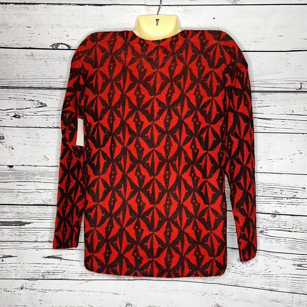 Two by Vince Camuto NWT M Cherry Red Black Brushed Acrylic Bohemian Chic Sweater - Image 3