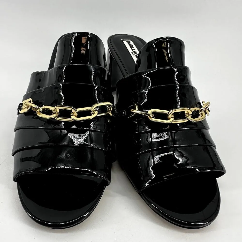 Karl Lagerfeld Block Heel Sandals Open Toe Chain Accent Leather Black 8.5 NWOT - Image 4