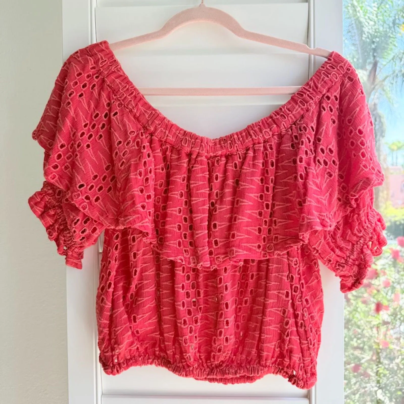Free People 'That Girl' Eyelet Ruffle off the shoulder Crop Top in Red size S - Image 8