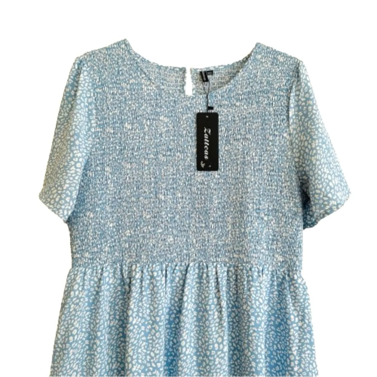 Zattcas Dress Blue White Floral Short Sleeve Smocked Tiered Maxi Size XXL NEW - Image 8
