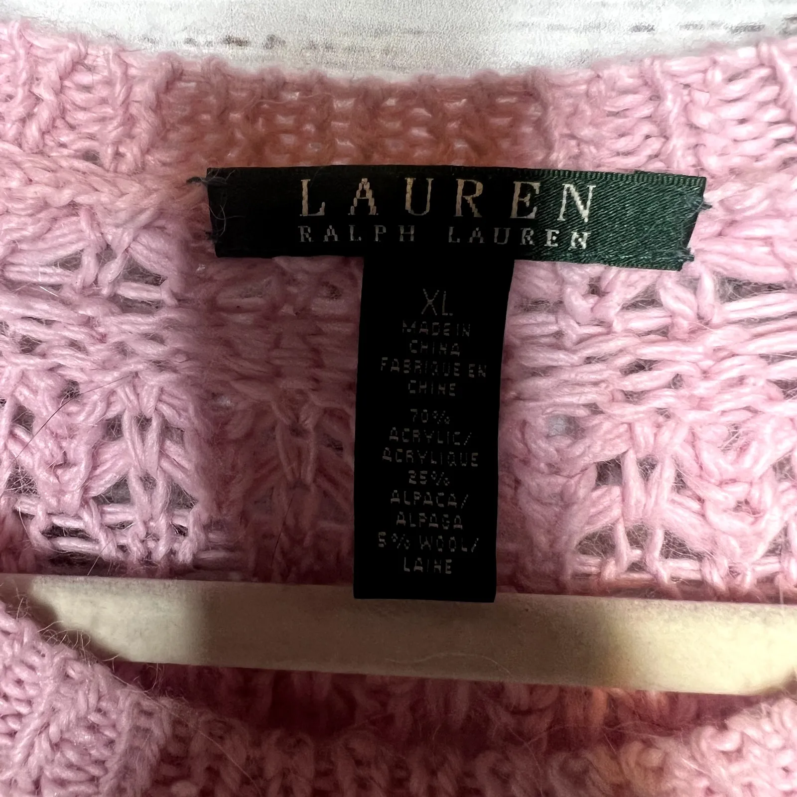 Lauren Ralph Lauren Pink Open Knit Sweater Long Sleeve Alpaca Wool Blend XL - Image 3