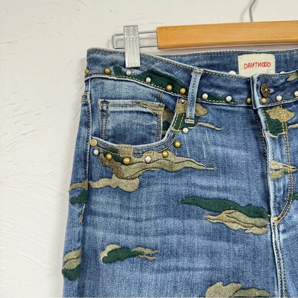 Driftwood High Rise Camo Embroidered Studded Raw Hem Blue Jeans Womens 28 Jackie - Image 5