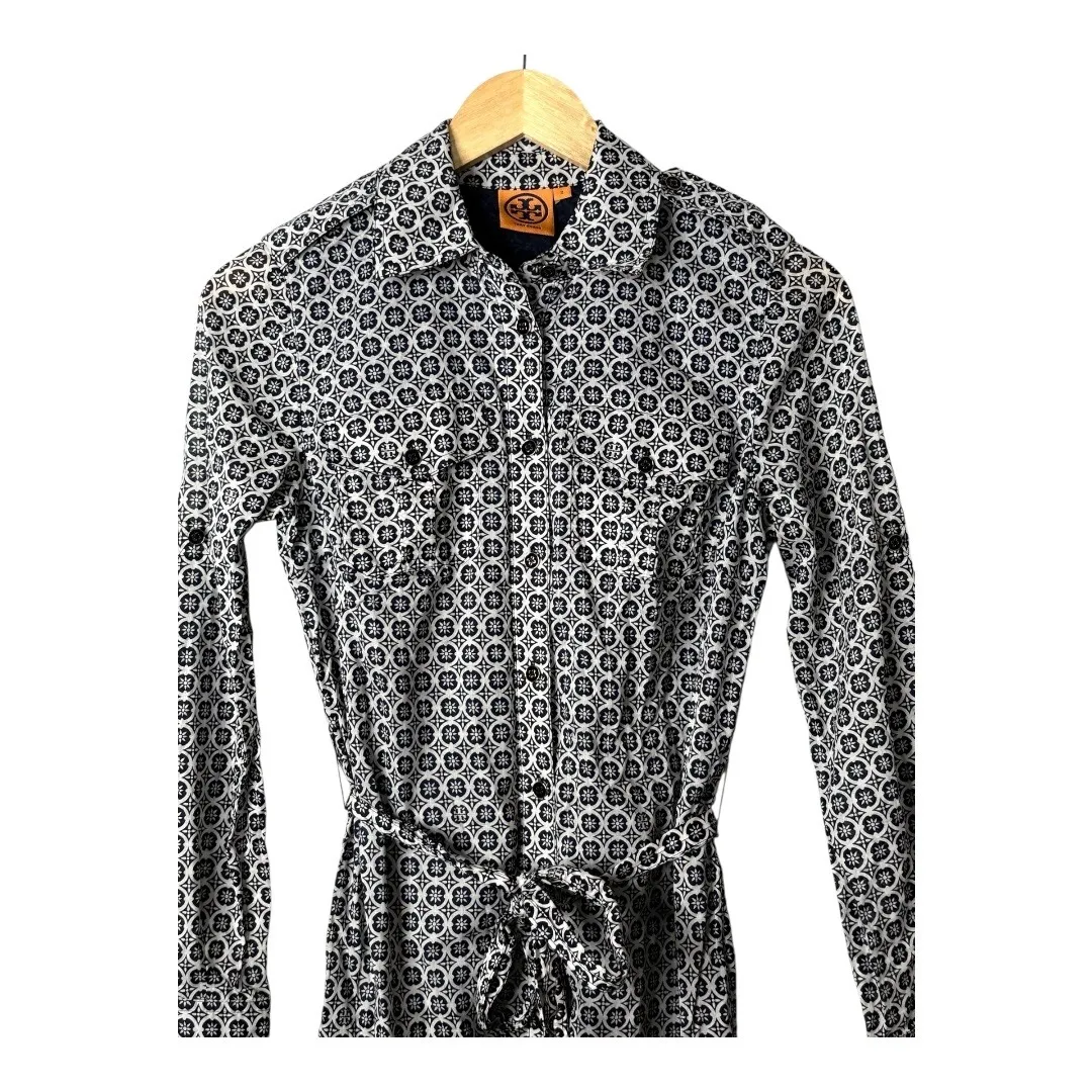 Tory Burch Shirt Dress Rare Long Sleeve Belted Collared Geometric Print Size‎ 2 - Image 3