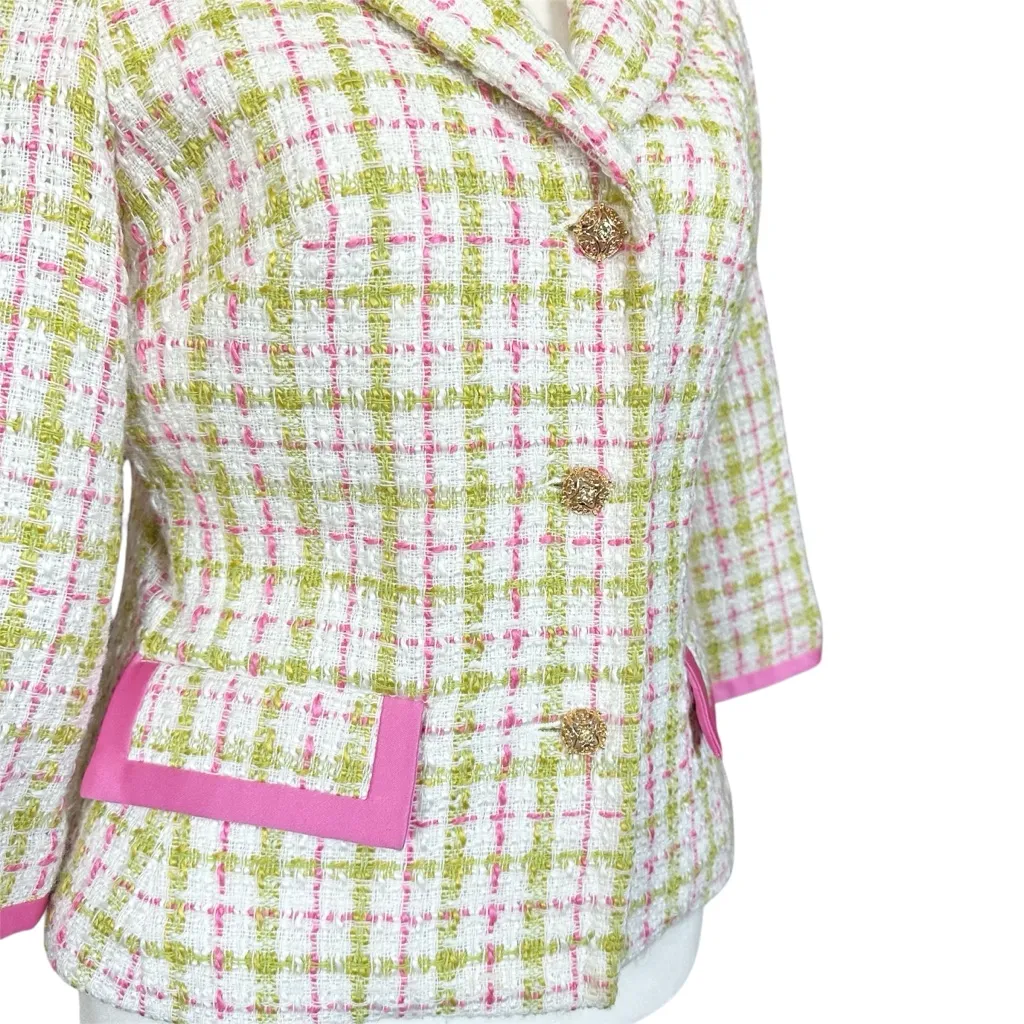 Karen Kane Lifestyle Petites Tweed Pink & Green Tweed Jewel Button Blazer Size 8 - Image 6