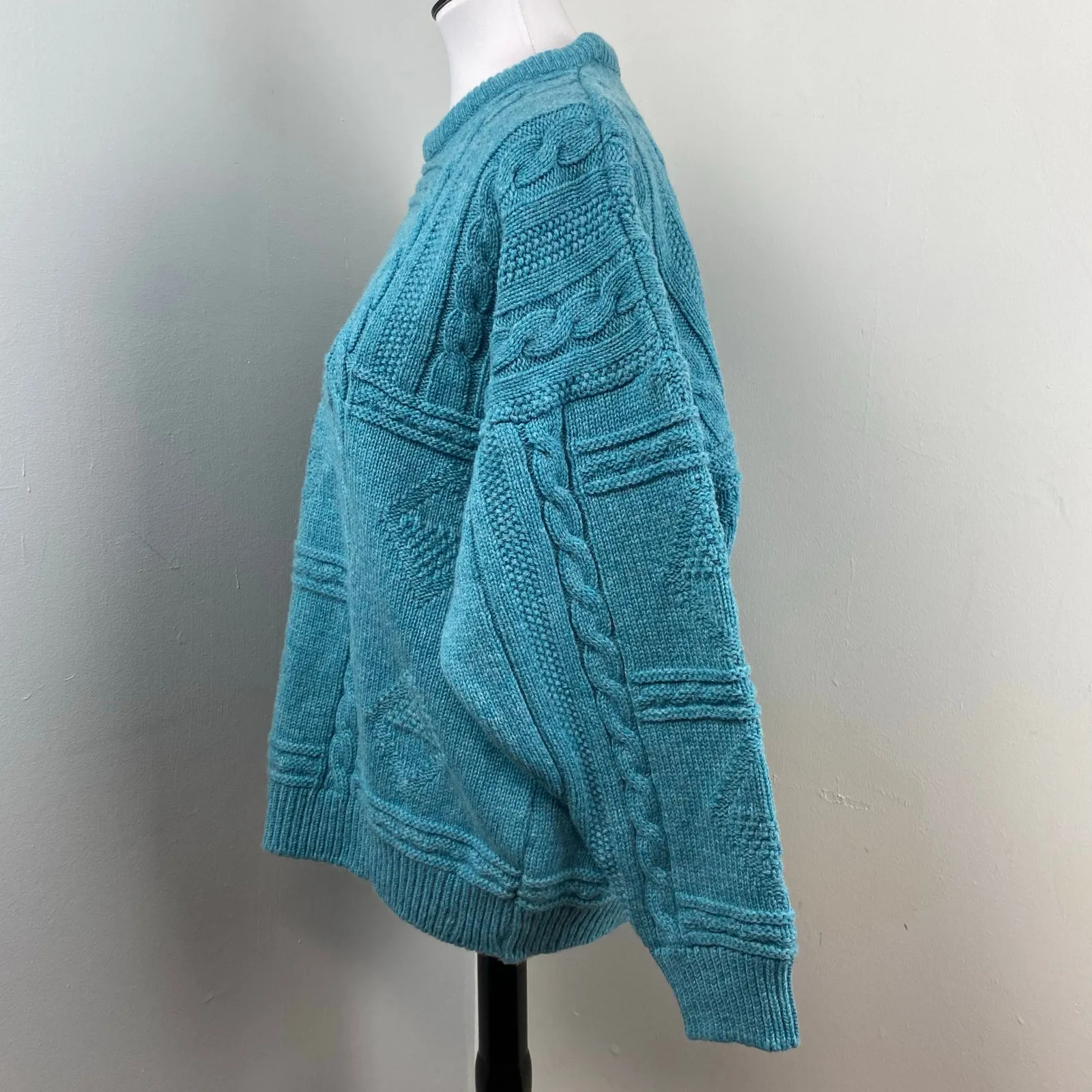 Vintage 80s Teal Irish Aran Sweater 100% Wool Large Blue - Image 7