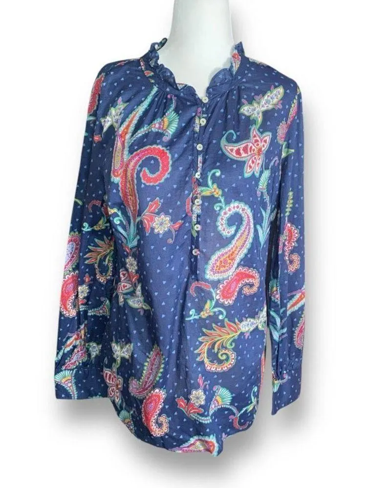 Talbots Navy Paisley Heart Print Ruffled Button-Up Long Sleeve Top Size Medium - Image 11