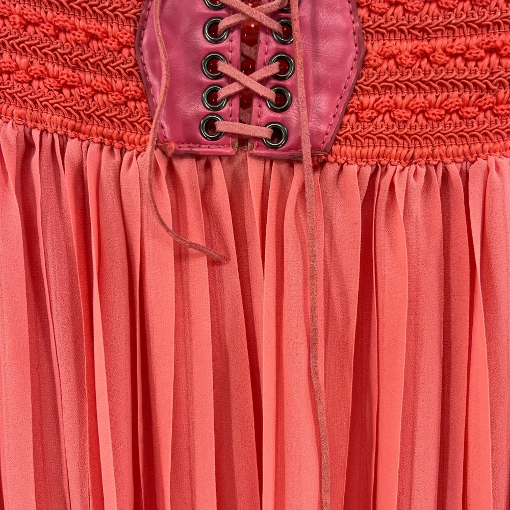 Be.You.tiful coral pleated boho tie waist lined maxi skirt M peasant festival Pink Size M - Image 3