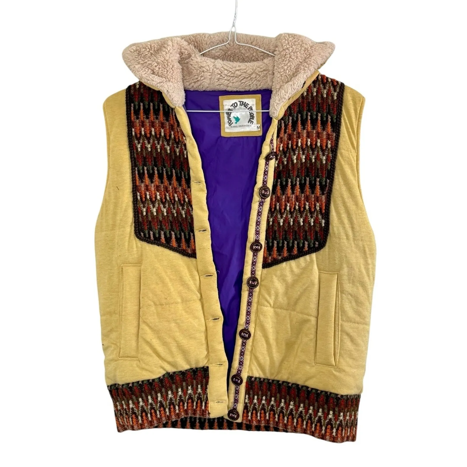 POWER TO THE PEOPLE Crochet Sherpa Lined Hooded Vest Boho Streetwear Retro Sz M Size M - Image 2