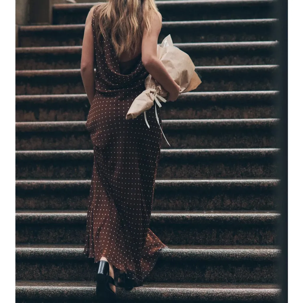 Zara NWT brown polka dot asymmetrical cowl draped detail midi maxi dress - Image 6