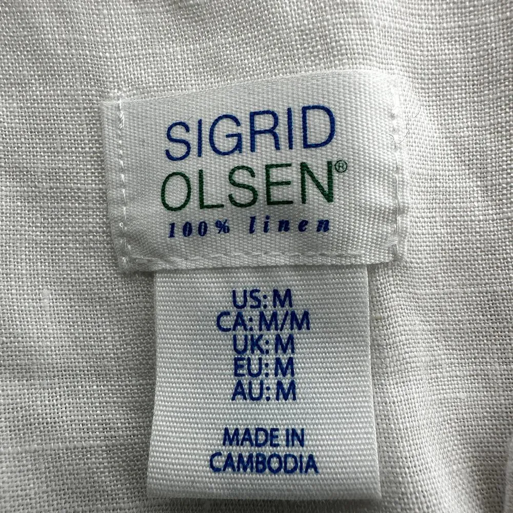 Sigrid Olsen 100% Linen Button Down Shirt Pockets V Neck Oversized White Medium - Image 3