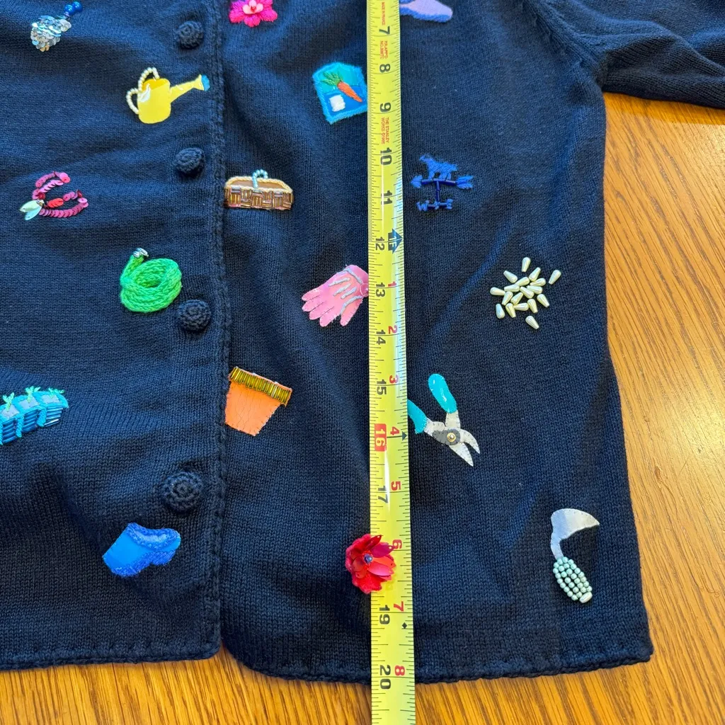 VTG Y2K 2000 Michael Simon Black Cardigan Sweater Gardening Theme Sz Small‎ S - Image 10