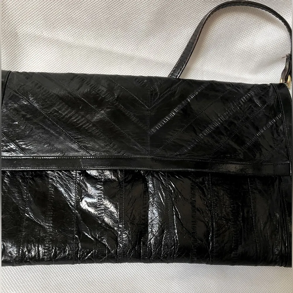 Vintage Eel Skin Envelope Clutch Purse Shoulder Bag, Detachable Strap, Black - Image 2