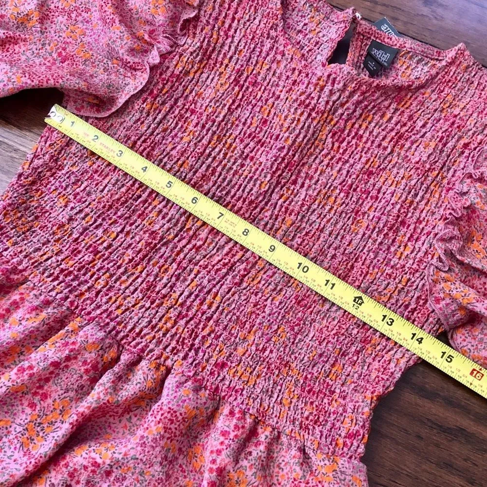 WILD FABLE Women’s Floral Pink Smocked Stretch Bodice Tiered Dress Sz Small - Image 6
