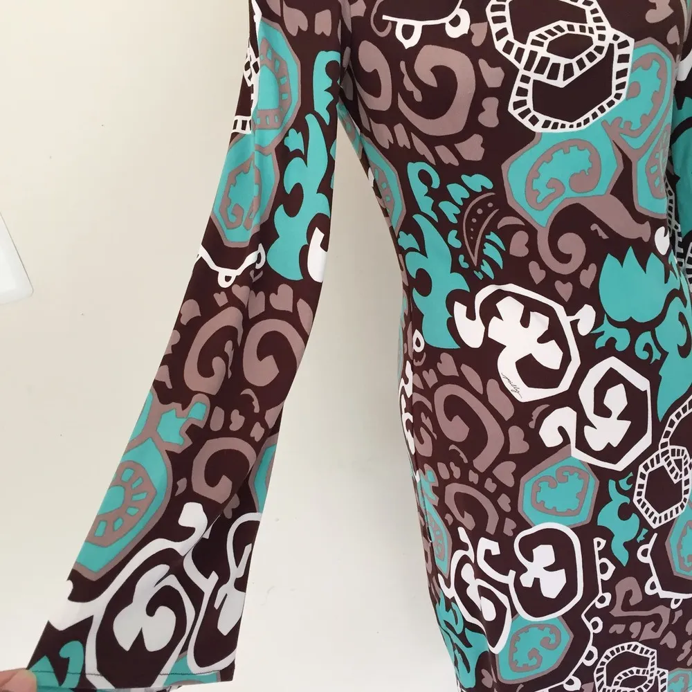 Milly Bergdorf Goodman Silk Bell Sleeves Brown Green Dress Women's Size S - Image 6