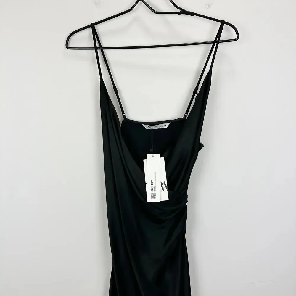 Zara Satin Slip Dress Midi Black Viscose Draped V Neck Minimalist Classic S NWT - Image 10