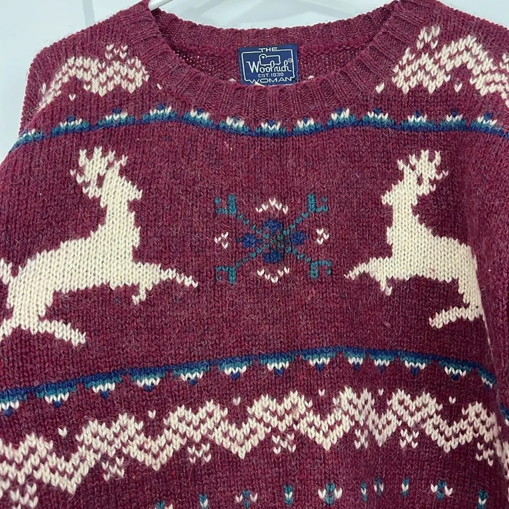 The Woolrich Vintage Large Wool Mohair Maroon Knit Reindeer Fair Isle Sweater - Image 5