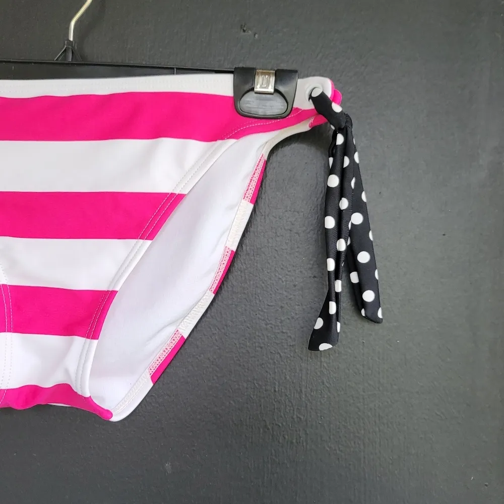 Malibu Pink White Stripped Black Tie Sides Bikini Swim Bottoms L Size L - Image 3