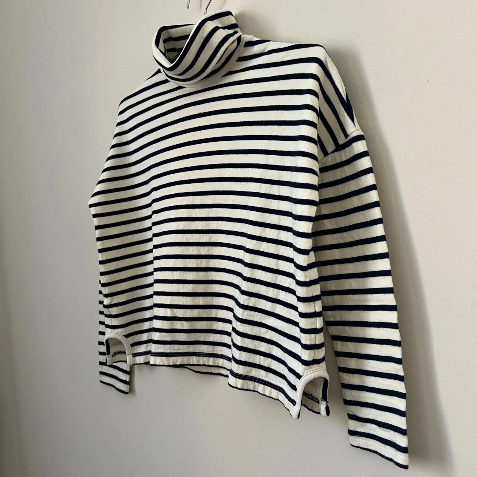 Madewell Striped White & Navy Blue Cropped Turtleneck Sweater Size XS - Image 3