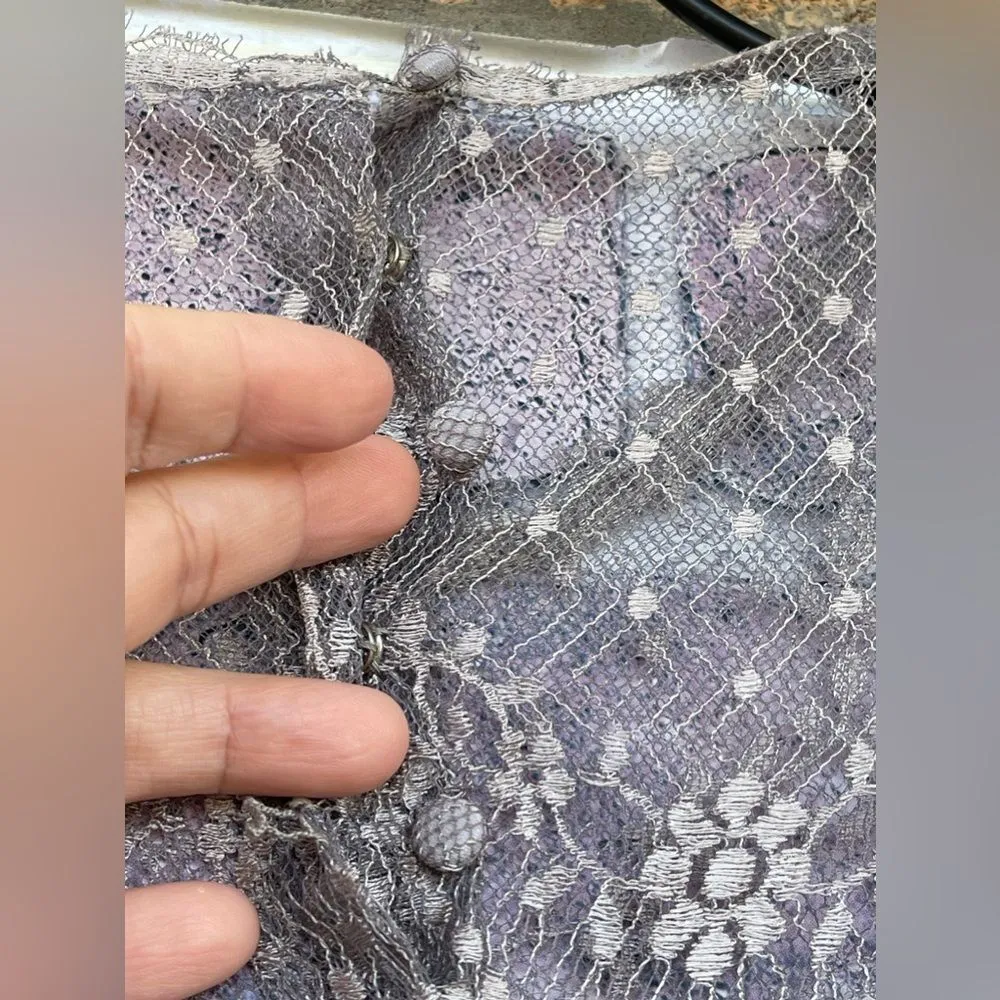 Vintage 1980s Rina Di Montella Silk with Tiered Lace and Rhinestones dress 10 Gray - Image 10