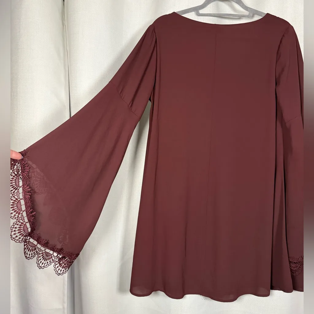 ASTR The Label Burgundy Bell Sleeve Lace V Neck Shift Dress - Image 7