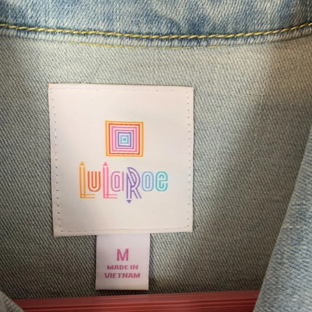 Lularoe women's medium denim jacket embroidery light wash casual yellow jean - Image 3