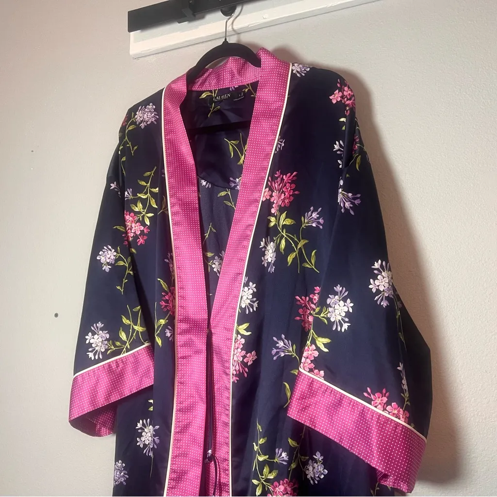 Lauren Ralph Lauren Floral Robe Kimono Navy Blue Floral Pink Size Large No Belt - Image 2