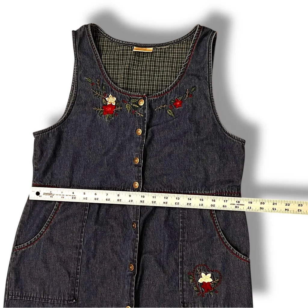 Vtg 90s Embroidered Denim Jumper Dress Sz M Maxi Button Up Modest Cottagecore Blue Size M - Image 6