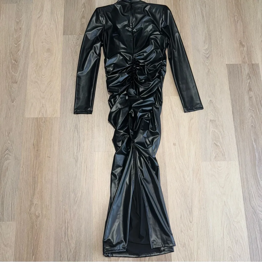 Black Faux Leather Mock Neck Long Sleeve Long Dress with Ruching & Slit - Large - Image 3