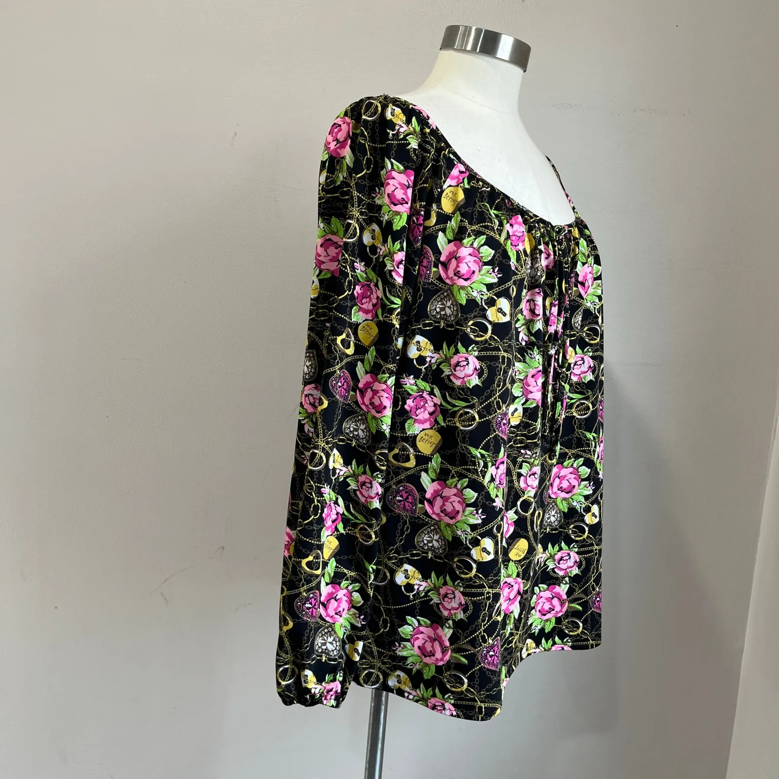 Betsey Johnson Floral Chain Print Blouson Top XL Pink Roses Boho Glam - Image 3