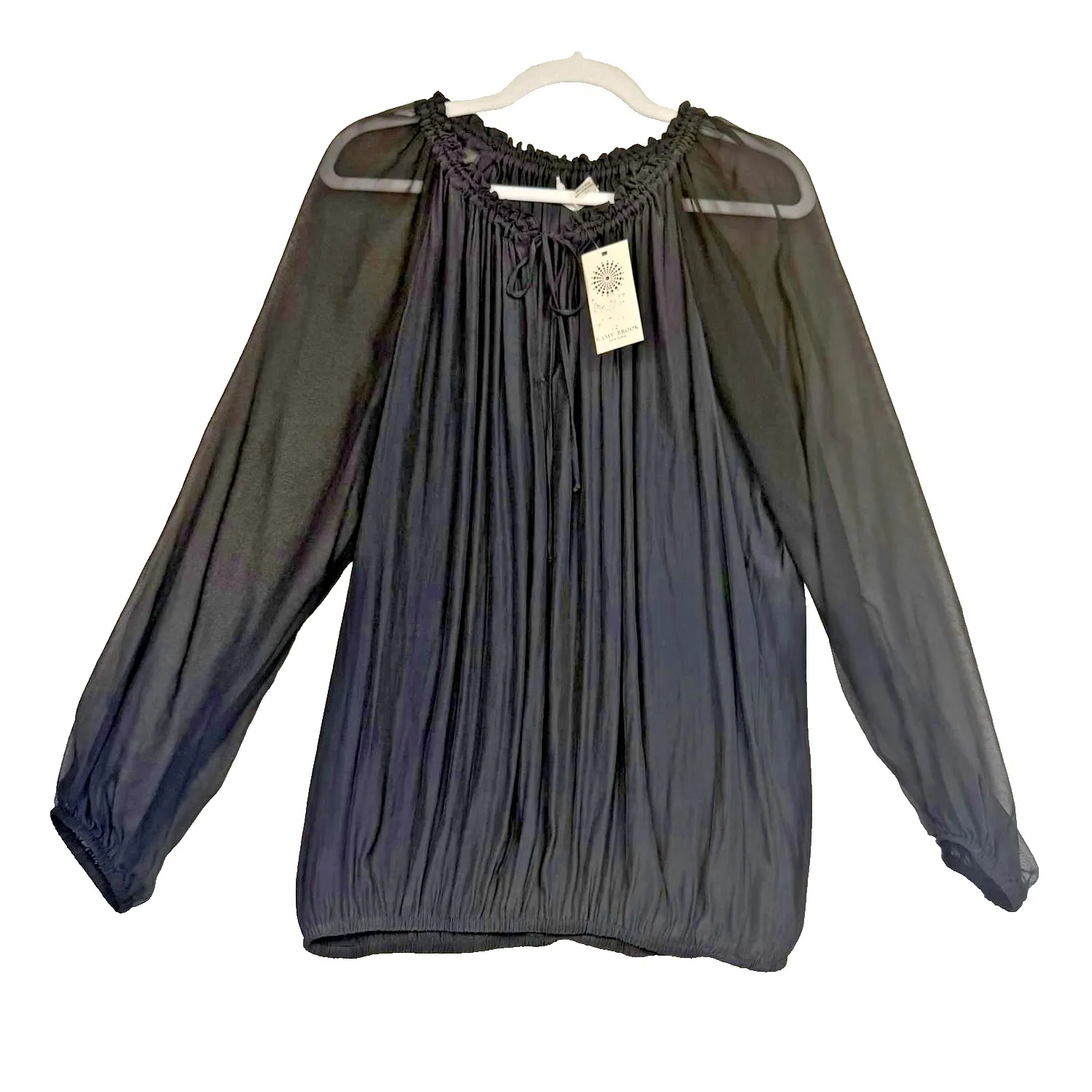 Ramy Brook Ginger Top Womens Large Pleated Sheer Long Sleeve Silk Detail Blouse - Image 1