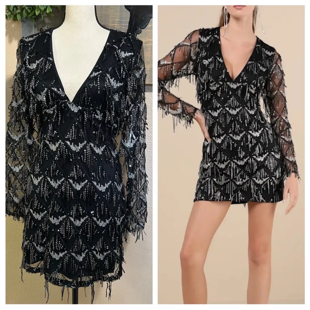 Playful Composure Black Fringe Sequin Mini Dress - Image 2