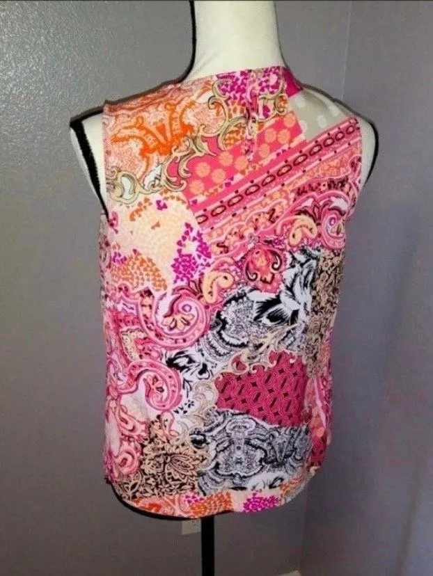 Christopher & Banks colorful pattern pleated sleeveless office blouse - Image 5