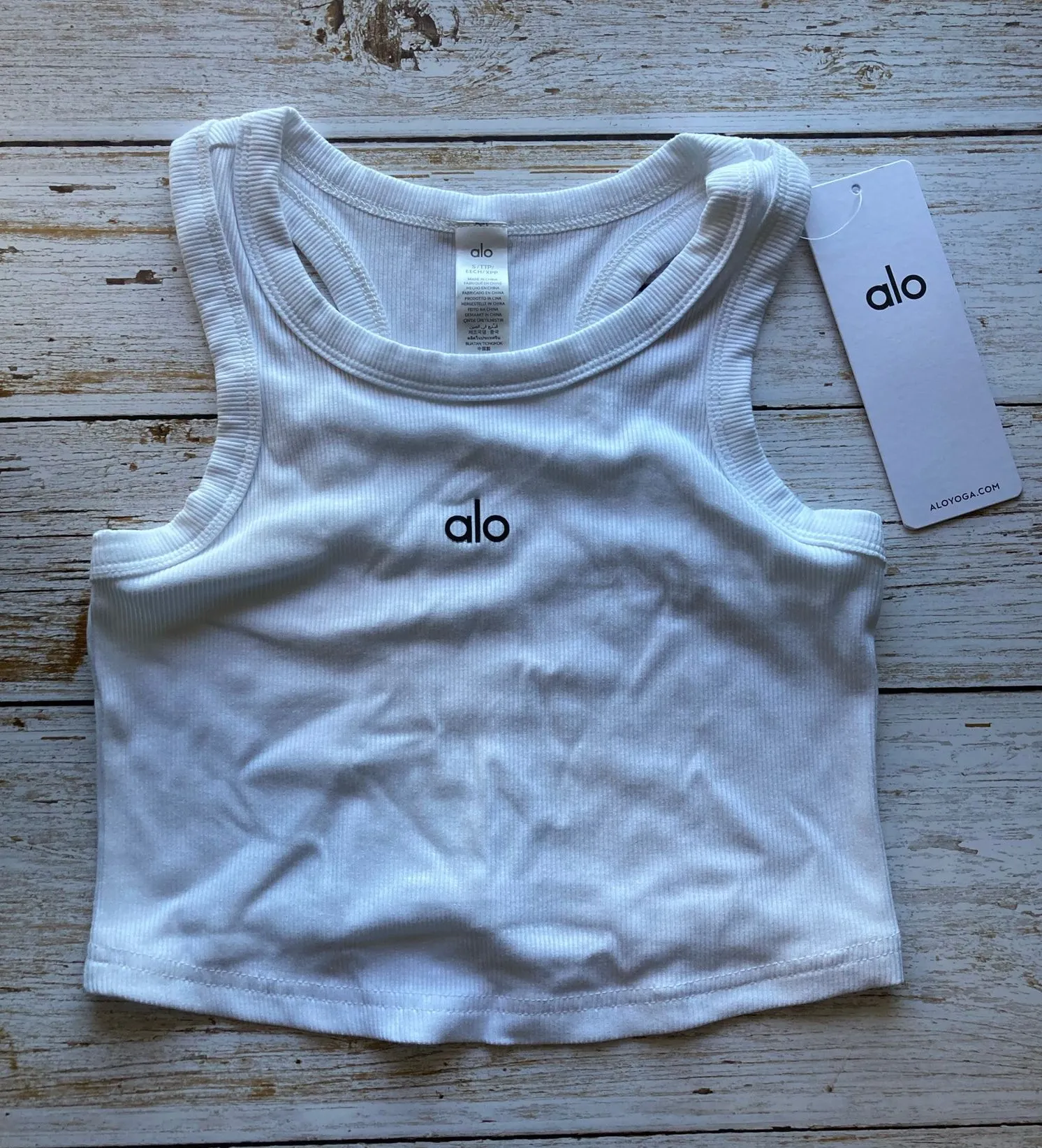Alo Yoga Logo Ribbed Crop Tank Top Workout Sleeveless Vest White