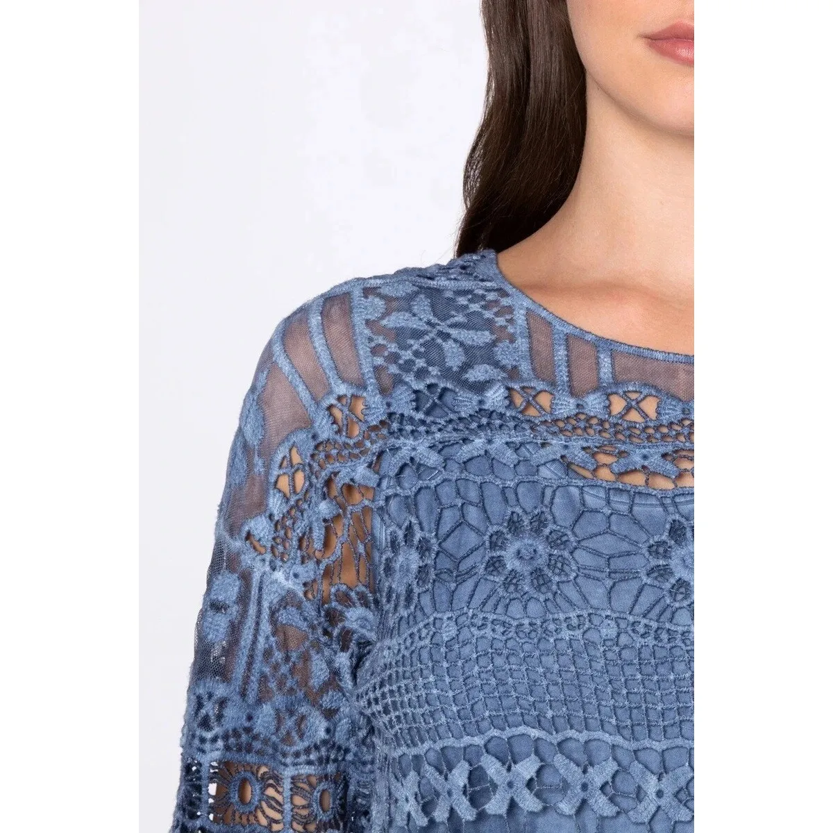 XCVI Fonda Midi Dress Crochet Blue Floral Long Boho Western Coastal Size Medium - Image 3