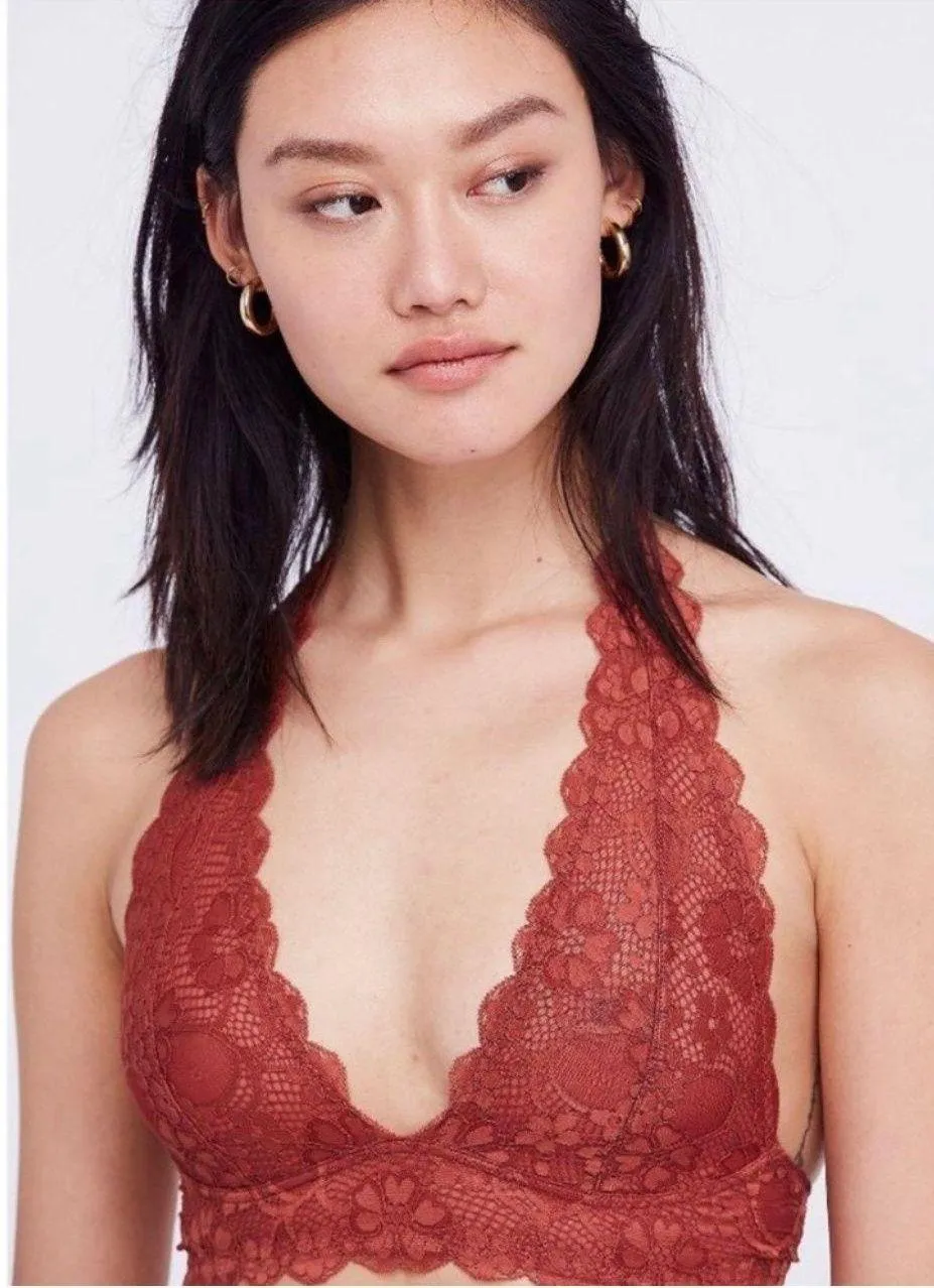 Coral Rust Orange Galloon Lace Plunge V Neck Halter Dainty Bralette - Image 3
