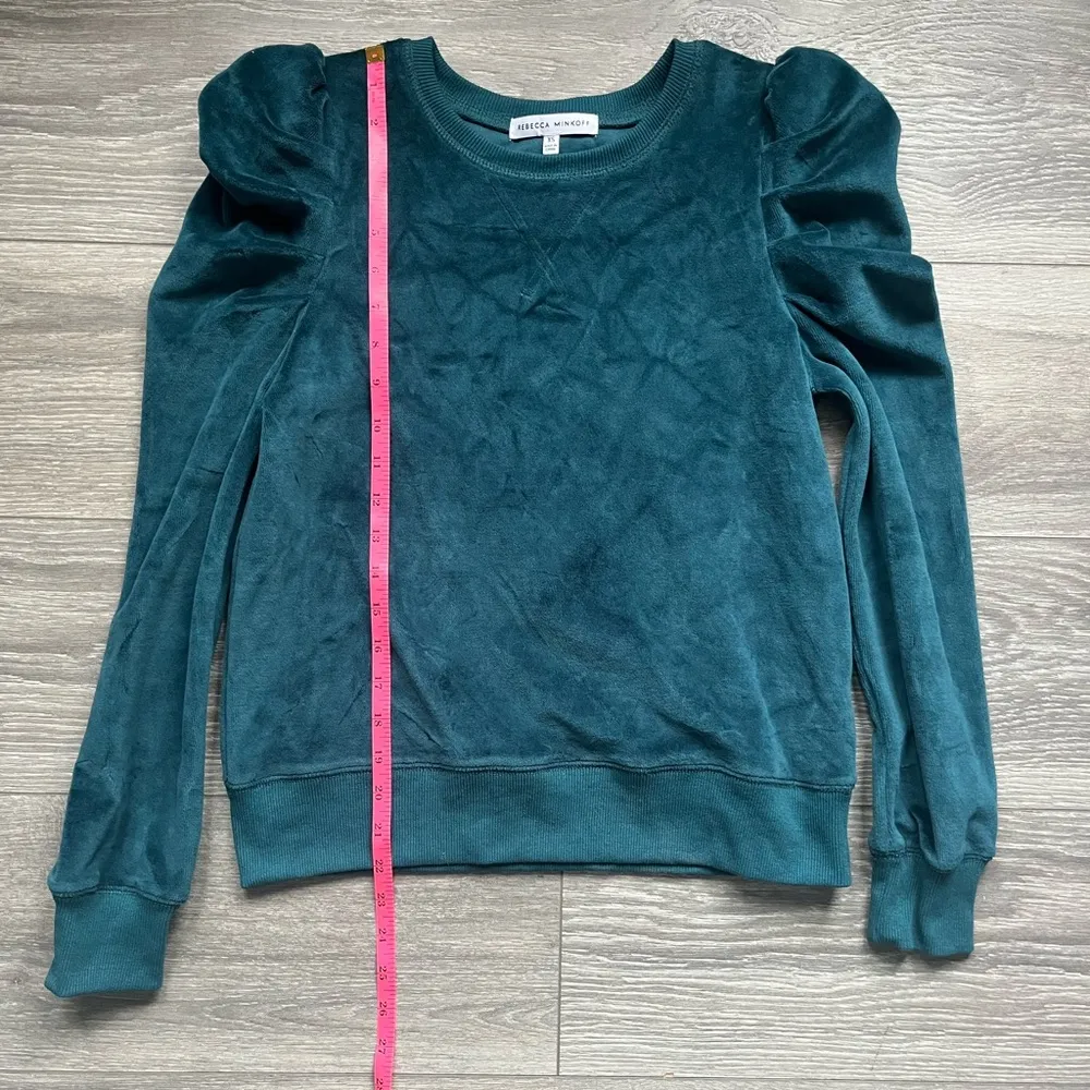 Rebecca Minkoff Teal Blue Green Long Puff Sleeve Velvet Velour Sweater Size XS - Image 6