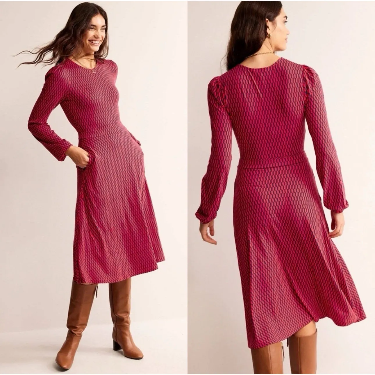 BODEN Camille Jersey Midi Dress Womens Sz 6 Red Blue Geometric‎ Pink - Image 2