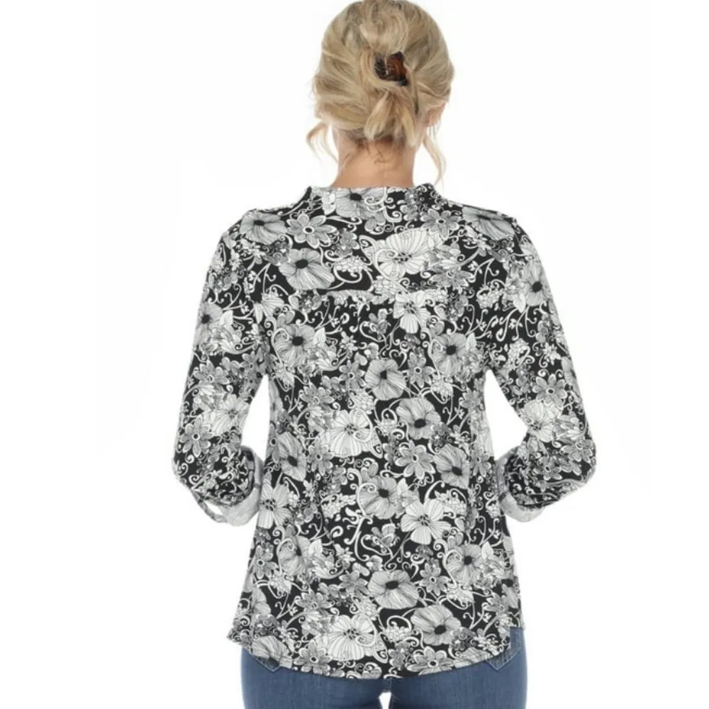 White Mark NEW Navy Blue and White Floral Pleated 3/4 Sleeve Top Plus Size 1X - Image 3