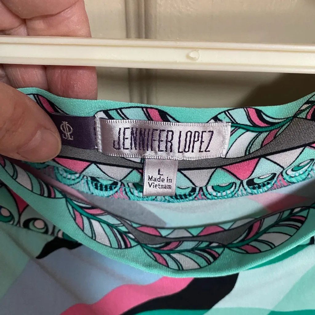 Jennifer Lopez Blue and Pink Geometric Midi Dress - Image 4